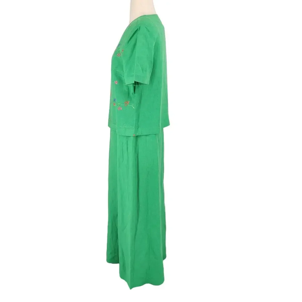 Vintage 2 Piece Linen Blend Column Maxi Dress And Floral Embroidered Jacket